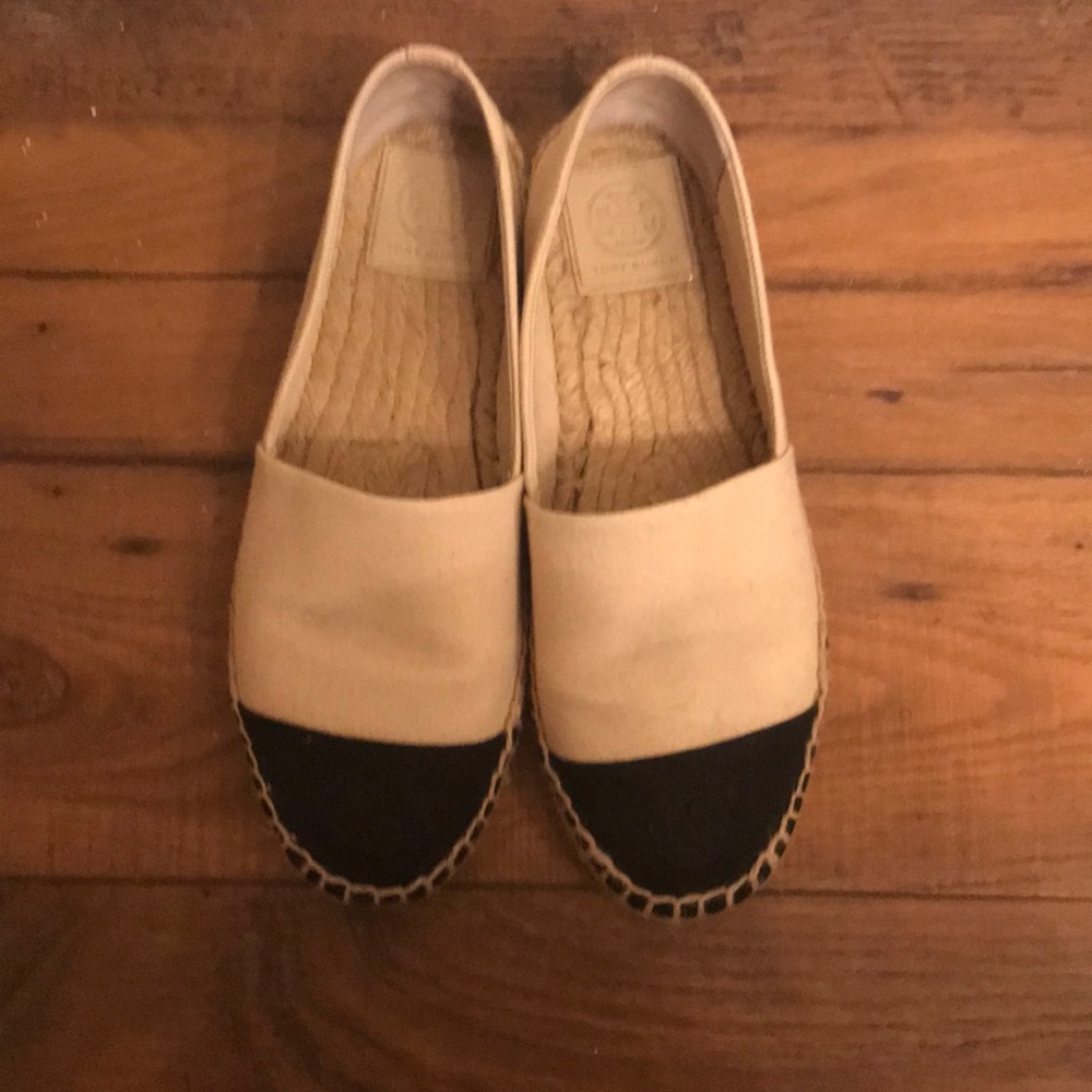 Authentic Tory Burch black and cream espadrilles